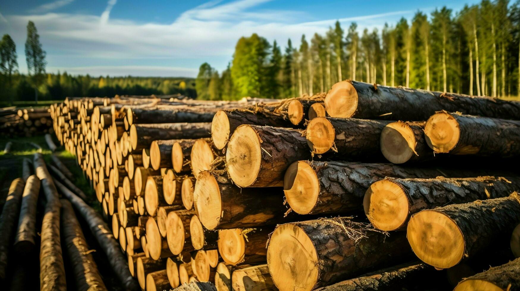 ein groß kreisförmig Stück von Holz, hölzern Kofferraum oder gestapelt Baum Holz zum Möbel Industrie. hölzern Log Konzept durch ai generiert foto