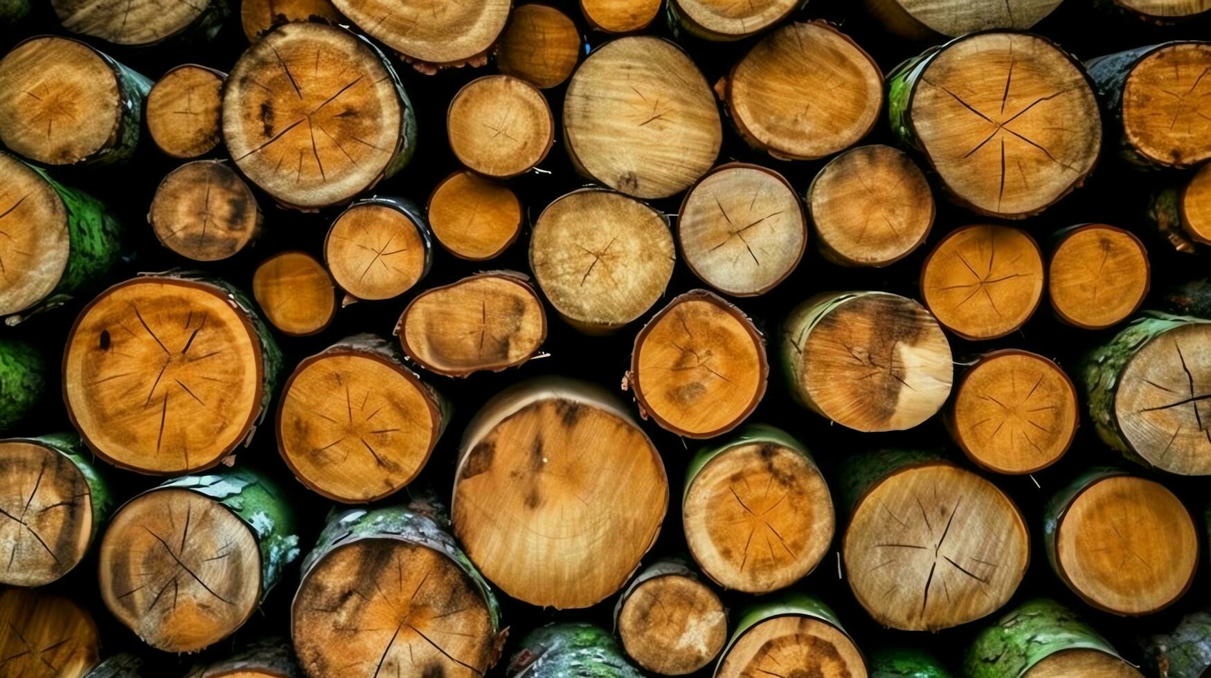 ein groß kreisförmig Stück von Holz, hölzern Kofferraum oder gestapelt Baum Holz zum Möbel Industrie. hölzern Log Konzept durch ai generiert foto