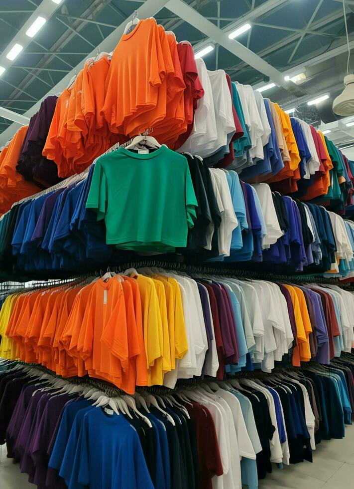 Reihe von modisch Polo T-Shirts zum Mann auf hölzern Aufhänger oder Gestell im ein Kleidung Boutique Verkauf Geschäft Konzept durch ai generiert foto