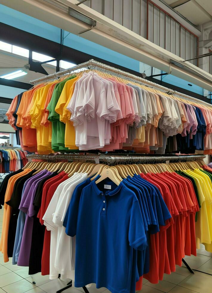 Reihe von modisch Polo T-Shirts zum Mann auf hölzern Aufhänger oder Gestell im ein Kleidung Boutique Verkauf Geschäft Konzept durch ai generiert foto