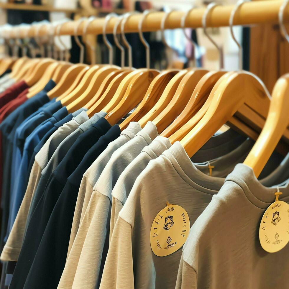 Reihe von modisch Polo T-Shirts zum Mann auf hölzern Aufhänger oder Gestell im ein Kleidung Boutique Verkauf Geschäft Konzept durch ai generiert foto