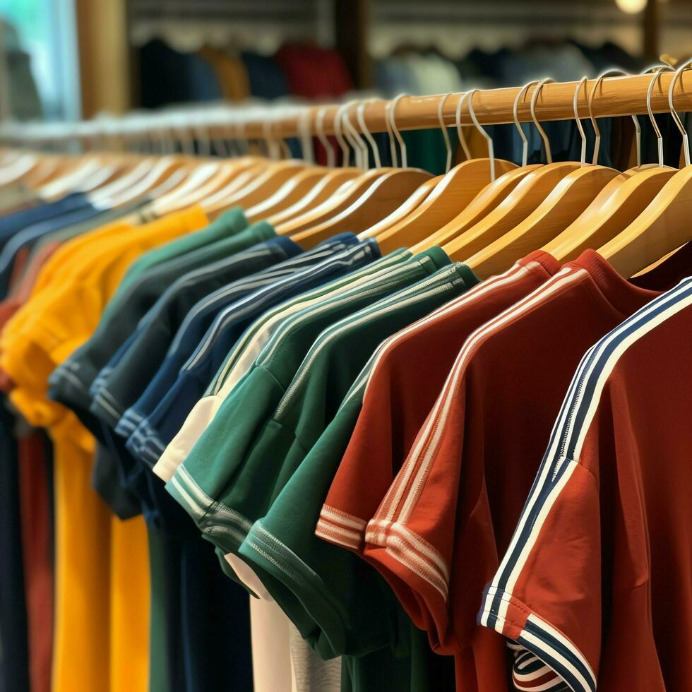 Reihe von modisch Polo T-Shirts zum Mann auf hölzern Aufhänger oder Gestell im ein Kleidung Boutique Verkauf Geschäft Konzept durch ai generiert foto