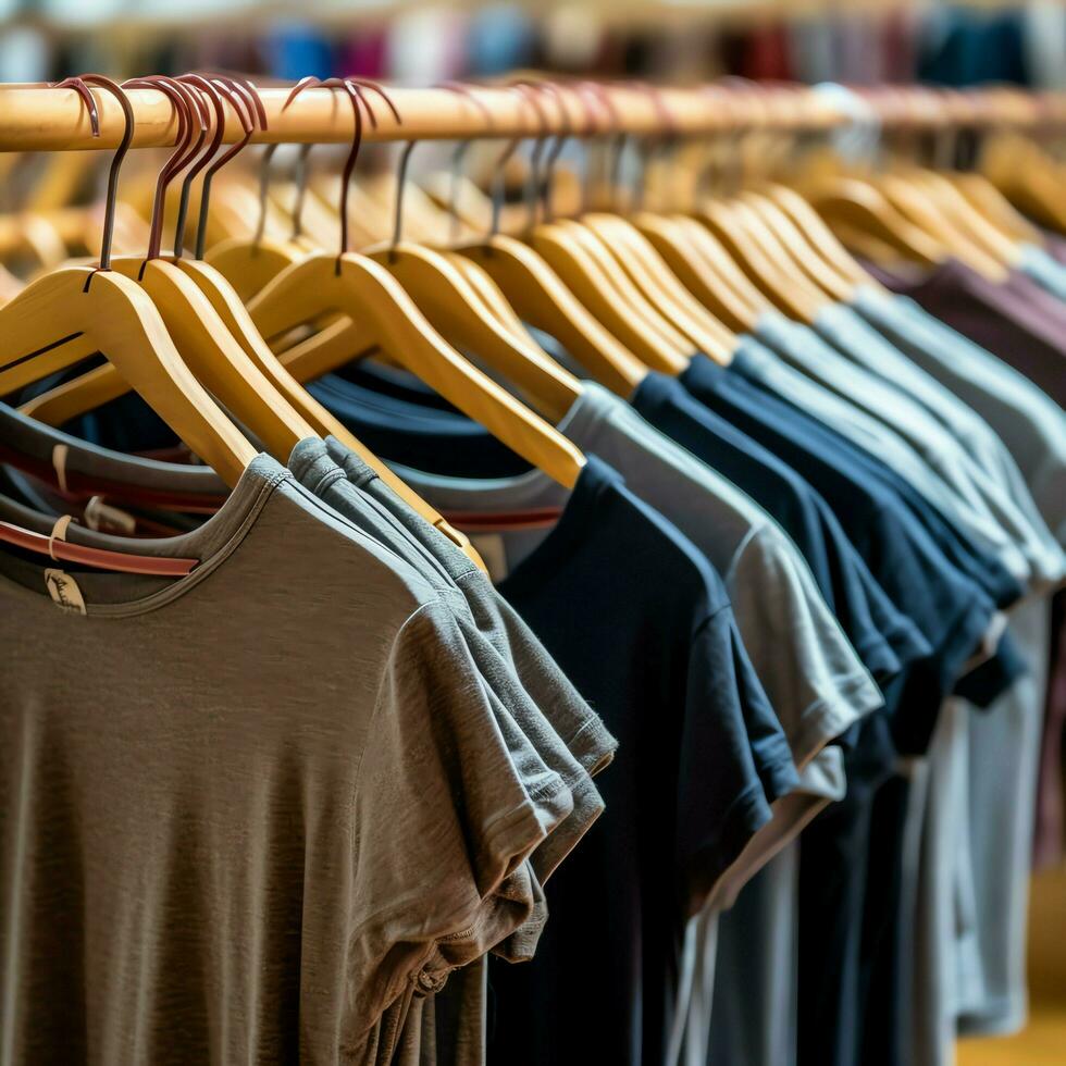 Reihe von modisch Polo T-Shirts zum Mann auf hölzern Aufhänger oder Gestell im ein Kleidung Boutique Verkauf Geschäft Konzept durch ai generiert foto