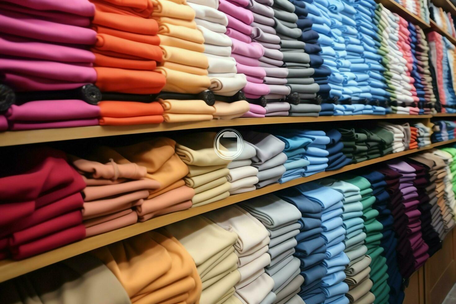 Reihe von modisch Polo T-Shirts zum Mann auf hölzern Aufhänger oder Gestell im ein Kleidung Boutique Verkauf Geschäft Konzept durch ai generiert foto