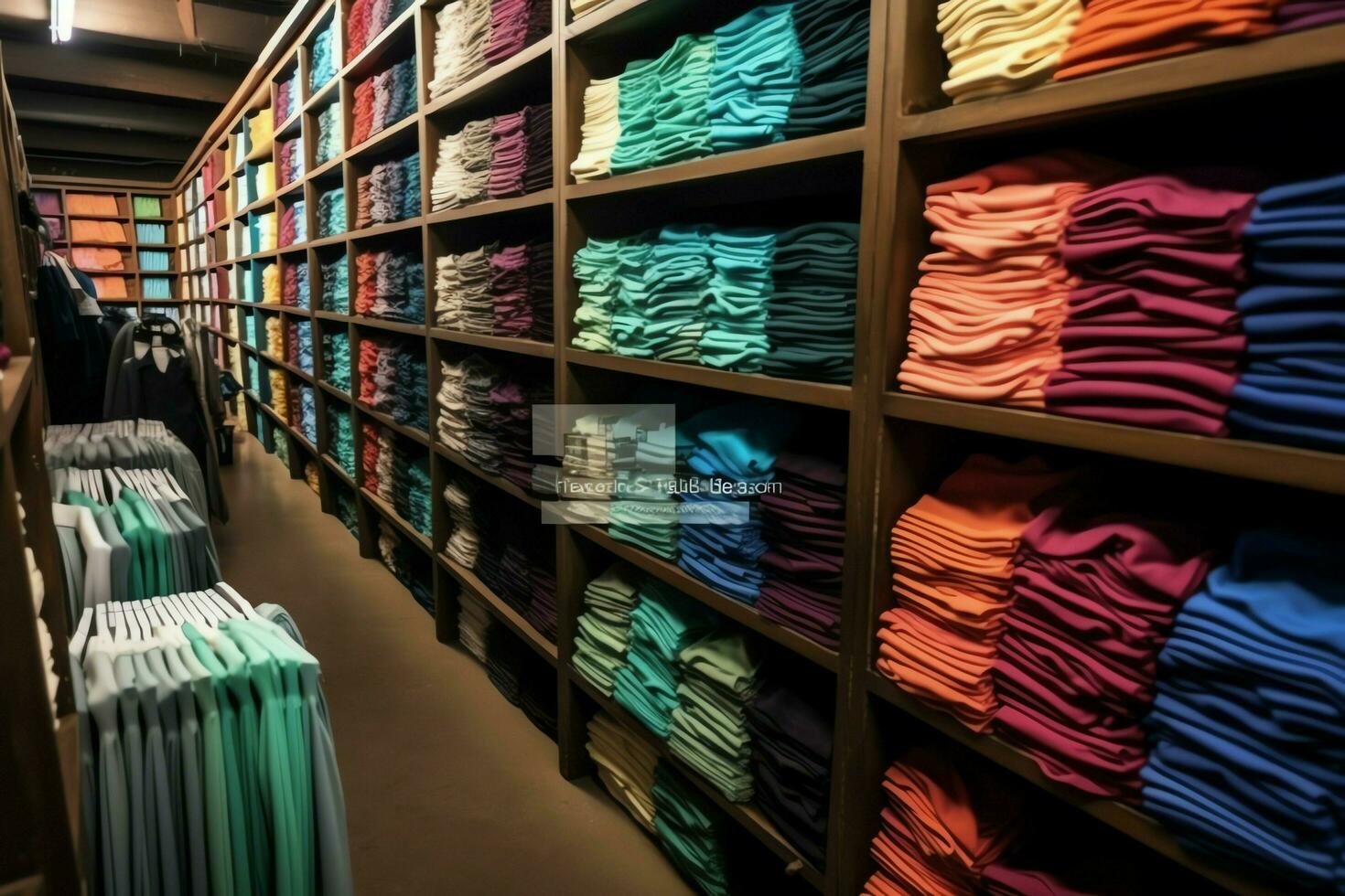 Reihe von modisch Polo T-Shirts zum Mann auf hölzern Aufhänger oder Gestell im ein Kleidung Boutique Verkauf Geschäft Konzept durch ai generiert foto