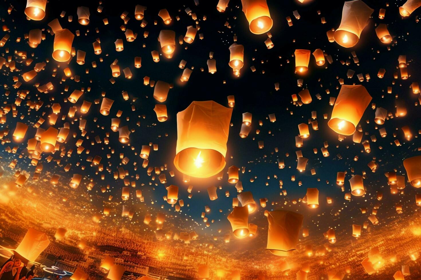 fliegend Laternen im das Nacht Himmel während das Diwali Festival Indien, yee peng oder mitte Herbst Tag im China Konzept durch ai generiert foto