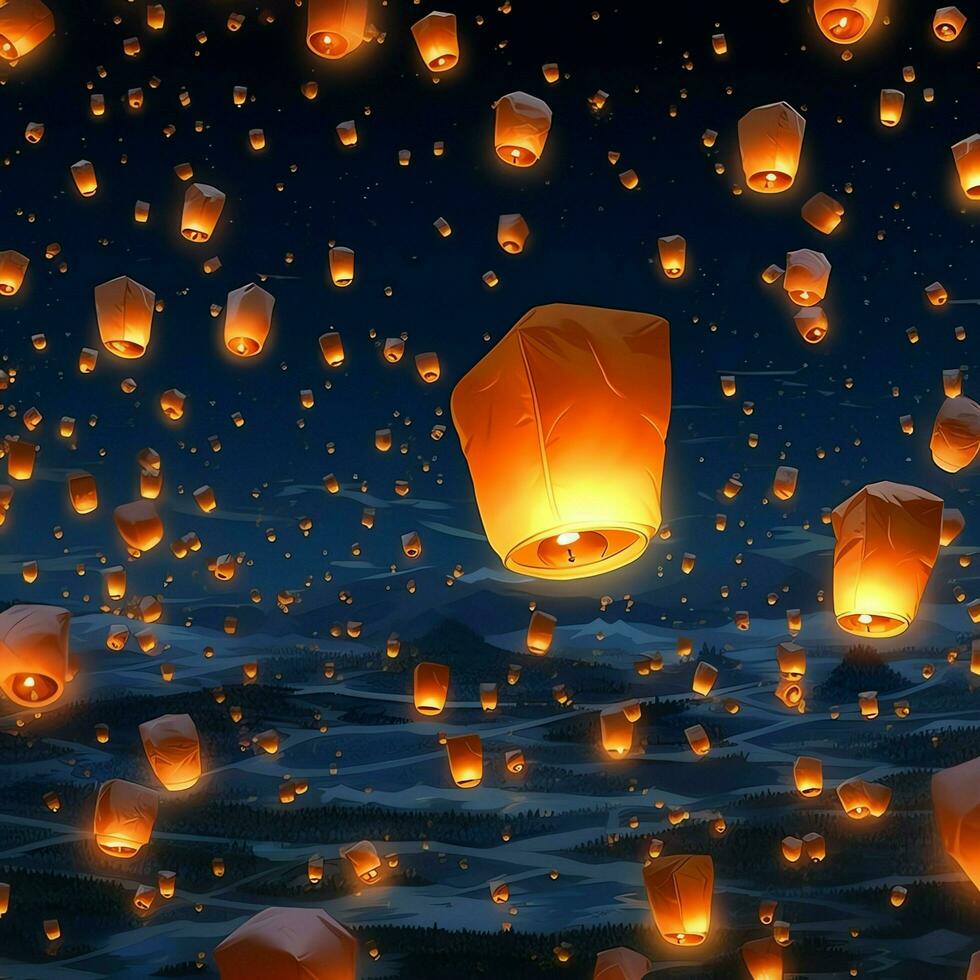 fliegend Laternen im das Nacht Himmel während das Diwali Festival Indien, yee peng oder mitte Herbst Tag im China Konzept durch ai generiert foto