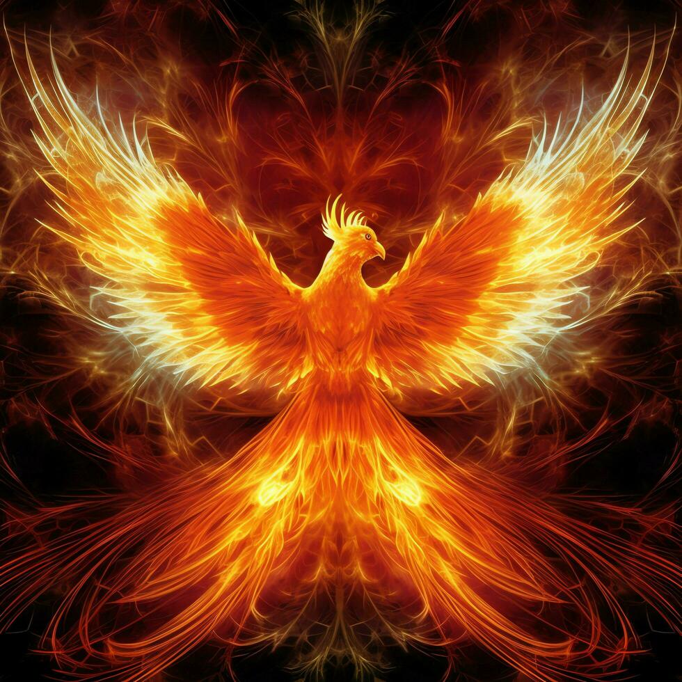 Phönix Vogel mit ausgestreckt Flügel steigend Verbrennung im Flammen. Epos Phönix Vogel Feuer Wiedergeburt Leistung Konzept durch ai generiert foto