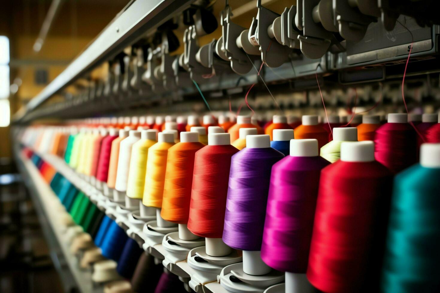 Textil- Stoff Fabrik Industrie mit Stickerei Maschine, Stricken oder Spinnen. Nähen Faden Unternehmen Konzept durch ai generiert foto