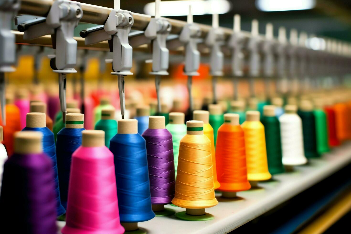 Textil- Stoff Fabrik Industrie mit Stickerei Maschine, Stricken oder Spinnen. Nähen Faden Unternehmen Konzept durch ai generiert foto