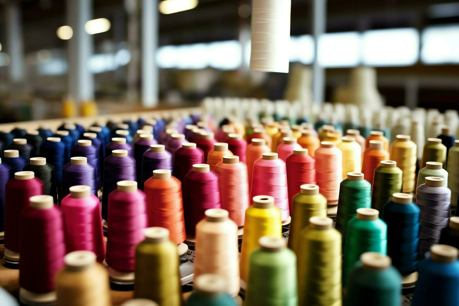 Textil- Stoff Fabrik Industrie mit Stickerei Maschine, Stricken oder Spinnen. Nähen Faden Unternehmen Konzept durch ai generiert foto