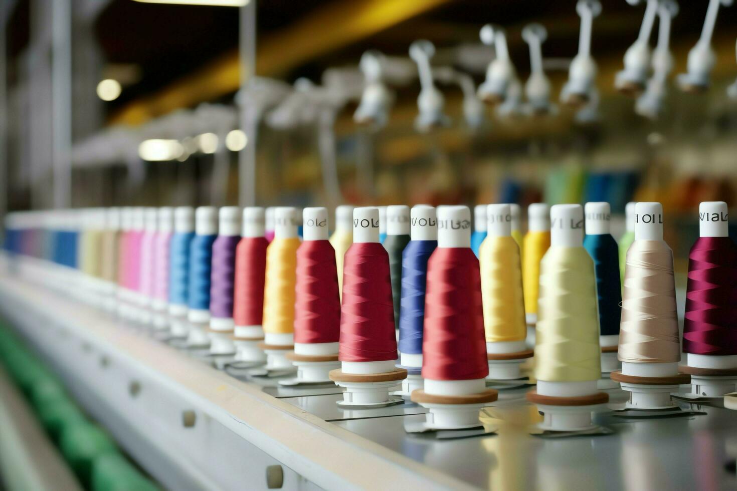 Textil- Stoff Fabrik Industrie mit Stickerei Maschine, Stricken oder Spinnen. Nähen Faden Unternehmen Konzept durch ai generiert foto