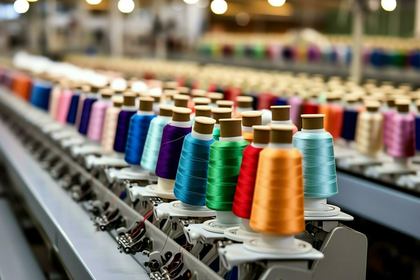 Textil- Stoff Fabrik Industrie mit Stickerei Maschine, Stricken oder Spinnen. Nähen Faden Unternehmen Konzept durch ai generiert foto