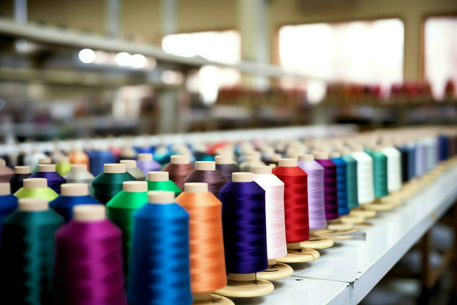 Textil- Stoff Fabrik Industrie mit Stickerei Maschine, Stricken oder Spinnen. Nähen Faden Unternehmen Konzept durch ai generiert foto