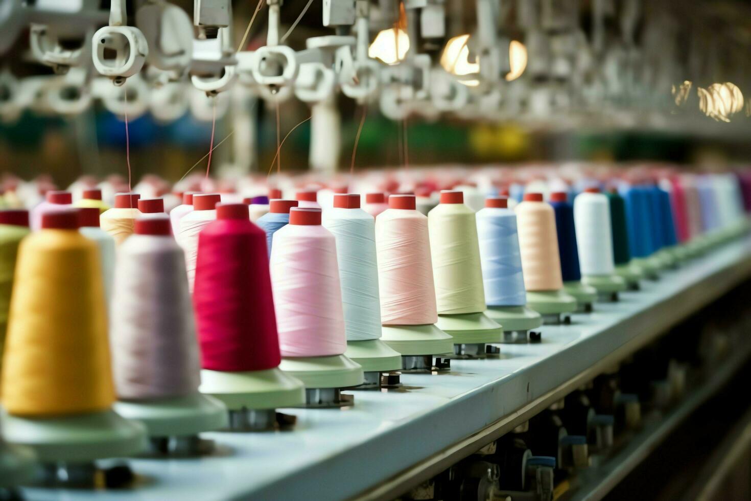 Textil- Stoff Fabrik Industrie mit Stickerei Maschine, Stricken oder Spinnen. Nähen Faden Unternehmen Konzept durch ai generiert foto