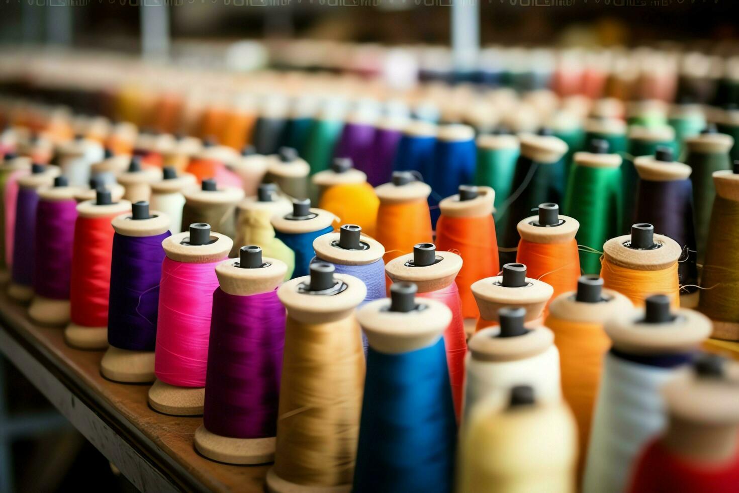 Textil- Stoff Fabrik Industrie mit Stickerei Maschine, Stricken oder Spinnen. Nähen Faden Unternehmen Konzept durch ai generiert foto