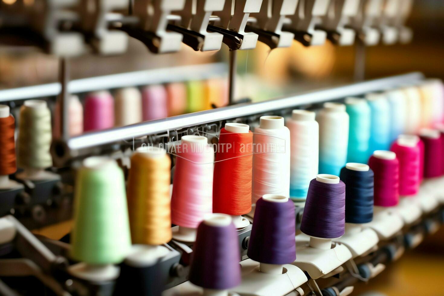 Textil- Stoff Fabrik Industrie mit Stickerei Maschine, Stricken oder Spinnen. Nähen Faden Unternehmen Konzept durch ai generiert foto