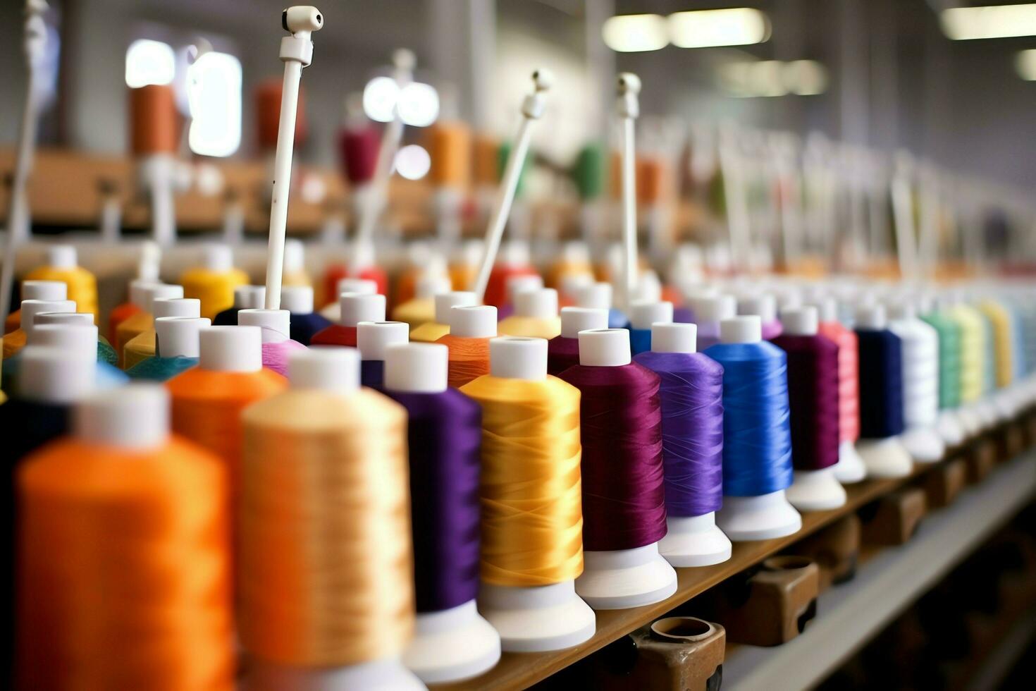 Textil- Stoff Fabrik Industrie mit Stickerei Maschine, Stricken oder Spinnen. Nähen Faden Unternehmen Konzept durch ai generiert foto