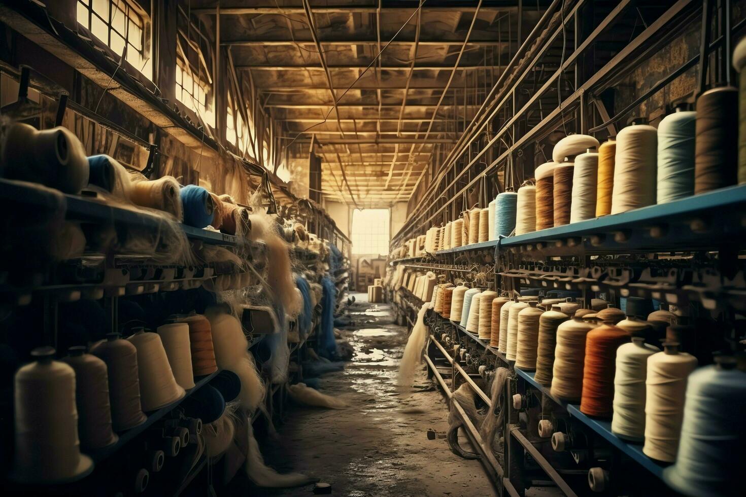 Textil- Stoff Fabrik Industrie mit Stickerei Maschine, Stricken oder Spinnen. Nähen Faden Unternehmen Konzept durch ai generiert foto