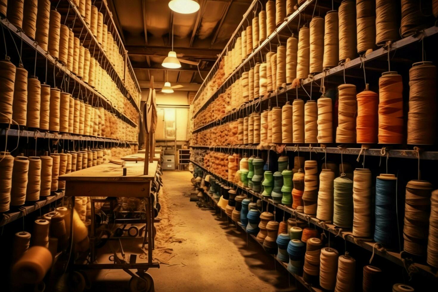 Textil- Stoff Fabrik Industrie mit Stickerei Maschine, Stricken oder Spinnen. Nähen Faden Unternehmen Konzept durch ai generiert foto