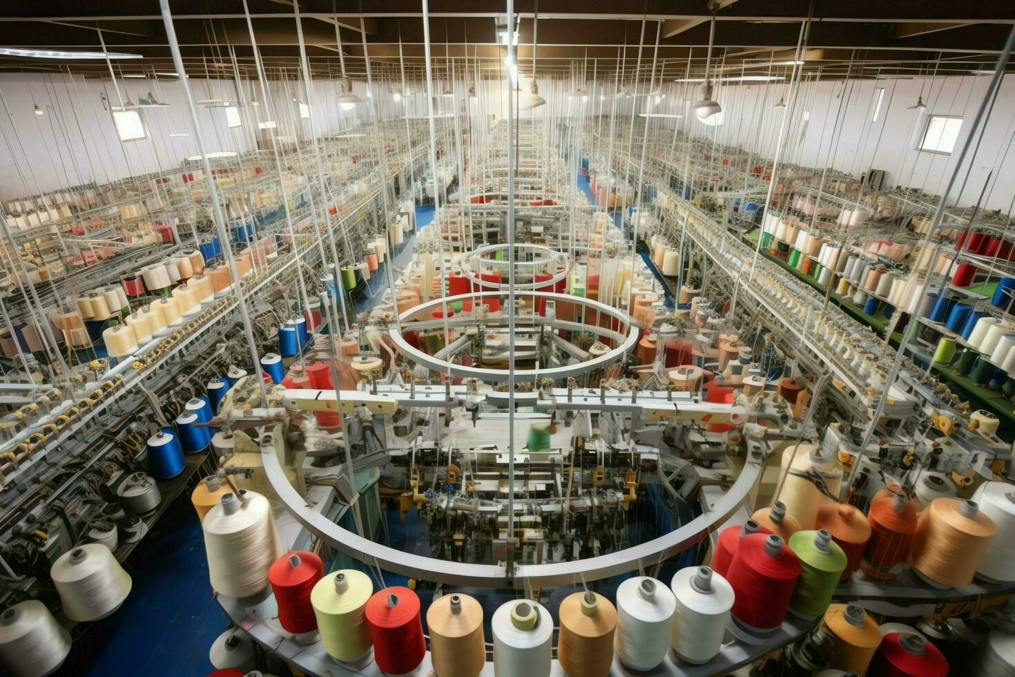 Textil- Stoff Fabrik Industrie mit Stickerei Maschine, Stricken oder Spinnen. Nähen Faden Unternehmen Konzept durch ai generiert foto