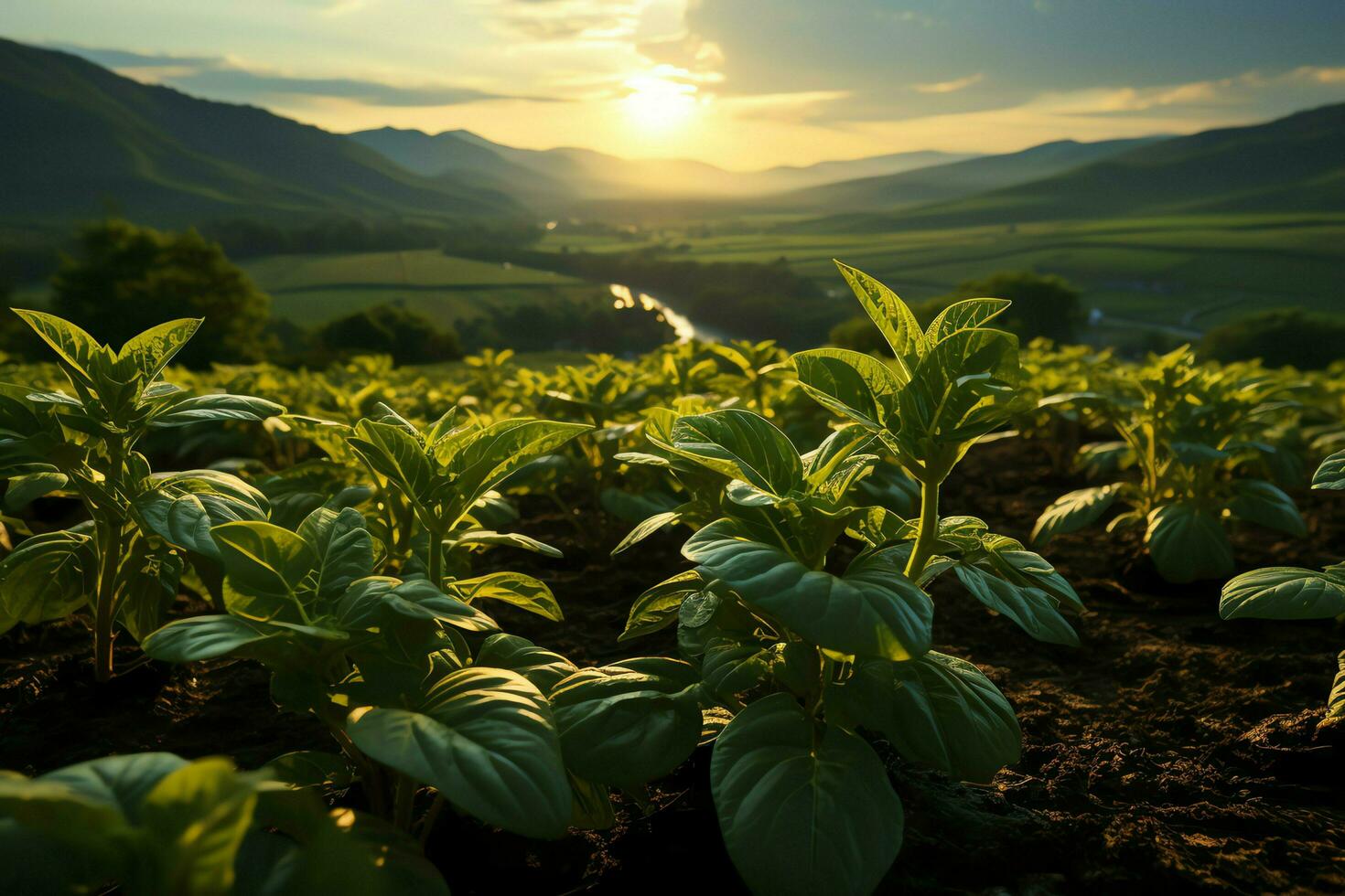 schön Aussicht von ein Tee Feld Plantage, Weinberg Bauernhof oder Erdbeere Garten im das Grün Hügel beim Sonnenaufgang Konzept durch ai generiert foto