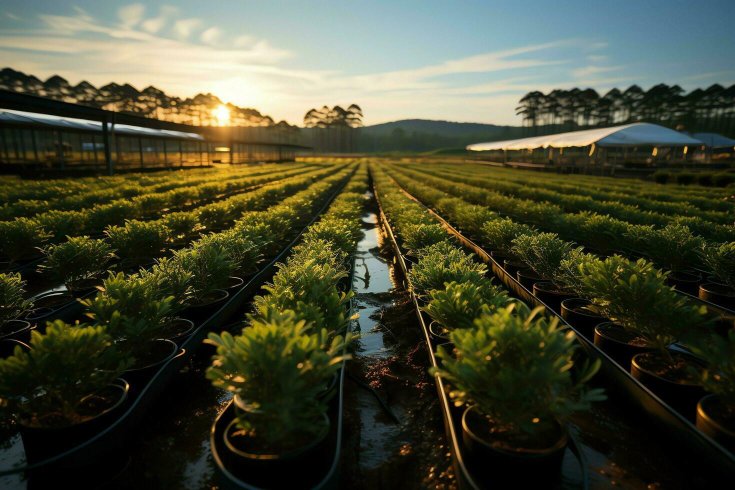 schön Aussicht von ein Tee Feld Plantage, Weinberg Bauernhof oder Erdbeere Garten im das Grün Hügel beim Sonnenaufgang Konzept durch ai generiert foto