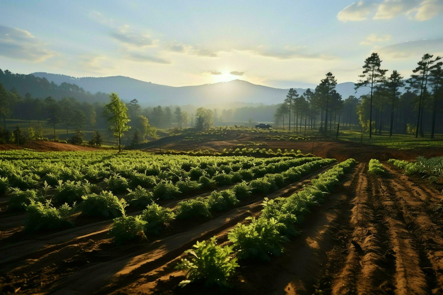 schön Aussicht von ein Tee Feld Plantage, Weinberg Bauernhof oder Erdbeere Garten im das Grün Hügel beim Sonnenaufgang Konzept durch ai generiert foto