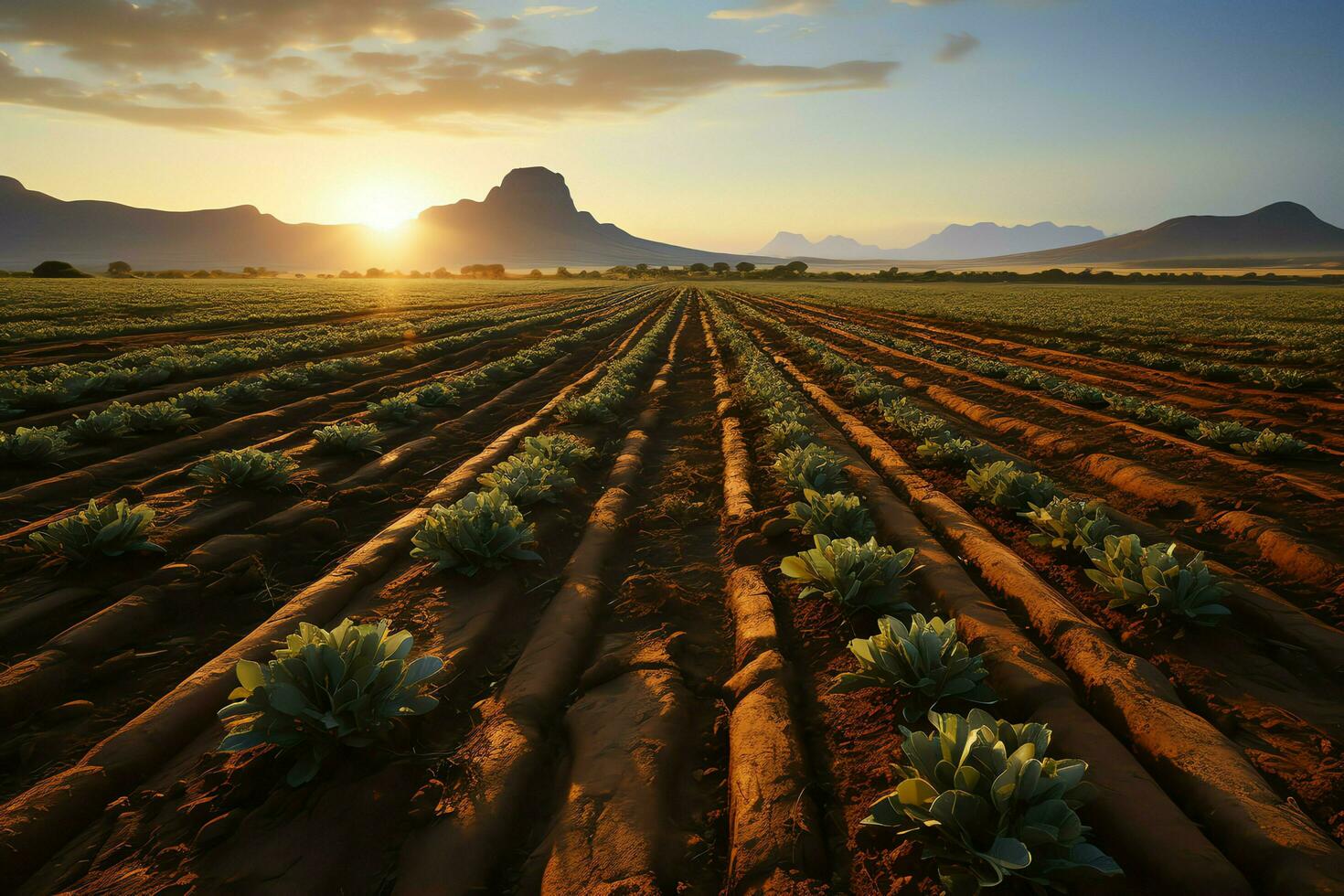 schön Aussicht von ein Tee Feld Plantage, Weinberg Bauernhof oder Erdbeere Garten im das Grün Hügel beim Sonnenaufgang Konzept durch ai generiert foto