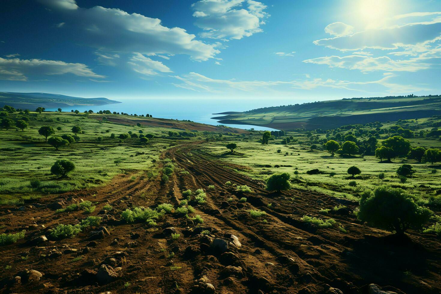 schön Aussicht von ein Tee Feld Plantage, Weinberg Bauernhof oder Erdbeere Garten im das Grün Hügel beim Sonnenaufgang Konzept durch ai generiert foto