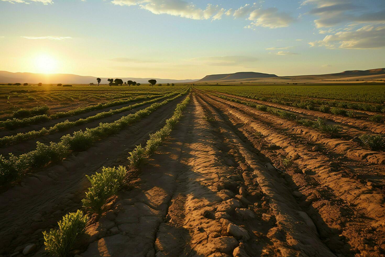 schön Aussicht von ein Tee Feld Plantage, Weinberg Bauernhof oder Erdbeere Garten im das Grün Hügel beim Sonnenaufgang Konzept durch ai generiert foto