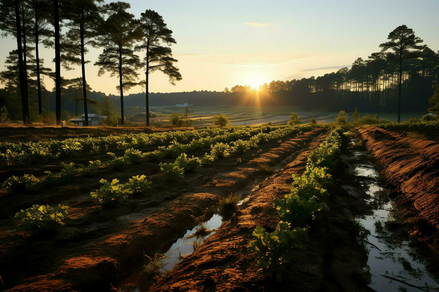 schön Aussicht von ein Tee Feld Plantage, Weinberg Bauernhof oder Erdbeere Garten im das Grün Hügel beim Sonnenaufgang Konzept durch ai generiert foto