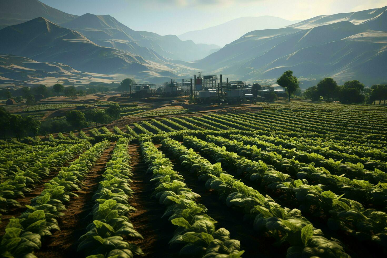 schön Aussicht von ein Tee Feld Plantage, Weinberg Bauernhof oder Erdbeere Garten im das Grün Hügel beim Sonnenaufgang Konzept durch ai generiert foto