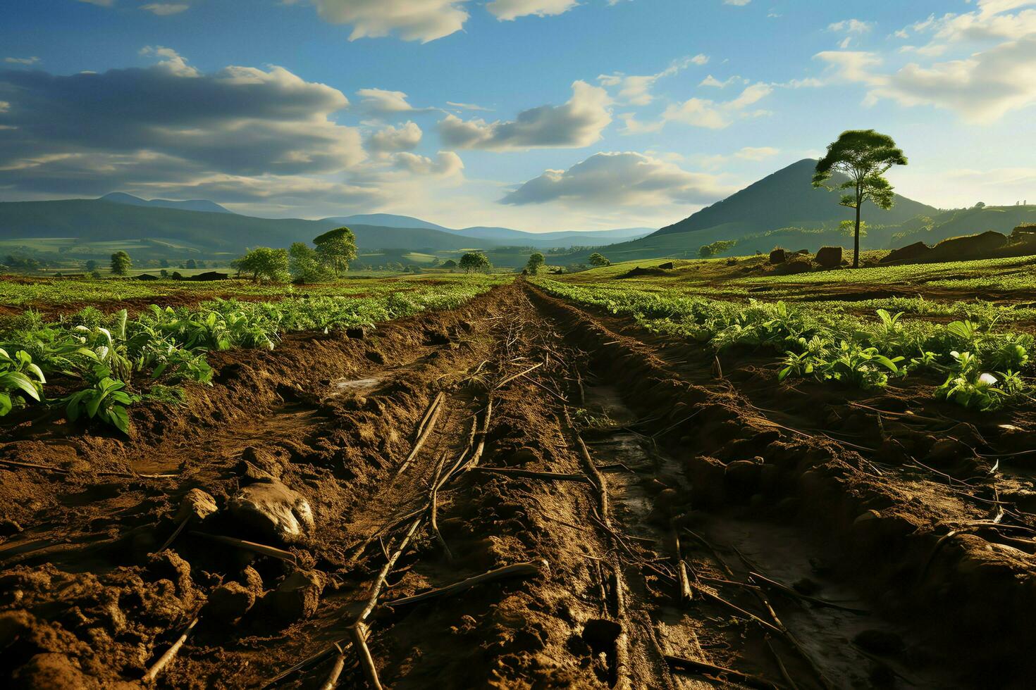 schön Aussicht von ein Tee Feld Plantage, Weinberg Bauernhof oder Erdbeere Garten im das Grün Hügel beim Sonnenaufgang Konzept durch ai generiert foto