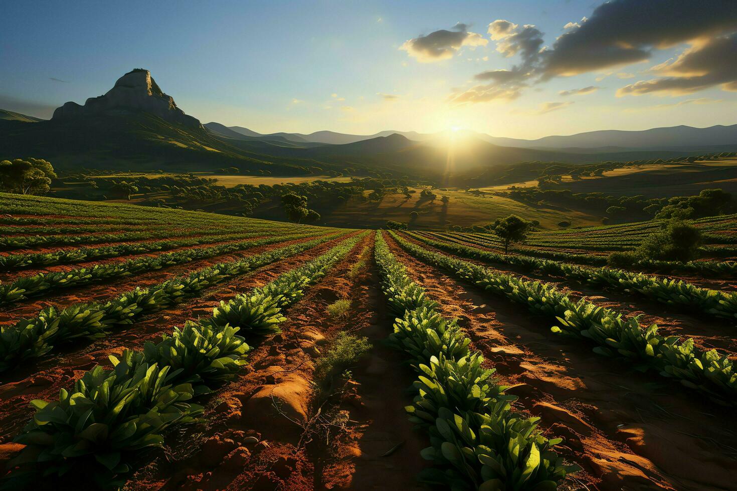 schön Aussicht von ein Tee Feld Plantage, Weinberg Bauernhof oder Erdbeere Garten im das Grün Hügel beim Sonnenaufgang Konzept durch ai generiert foto