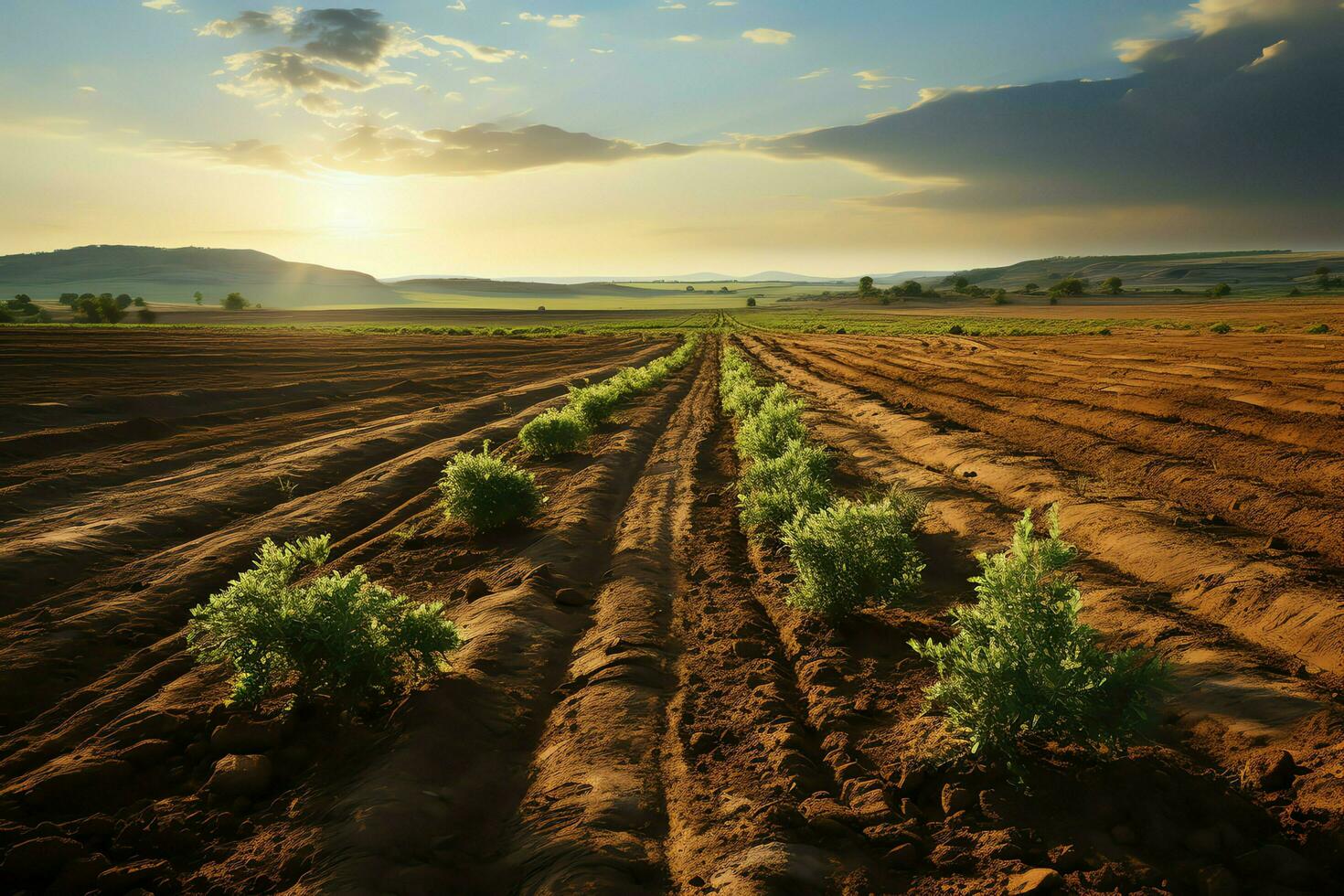 schön Aussicht von ein Tee Feld Plantage, Weinberg Bauernhof oder Erdbeere Garten im das Grün Hügel beim Sonnenaufgang Konzept durch ai generiert foto