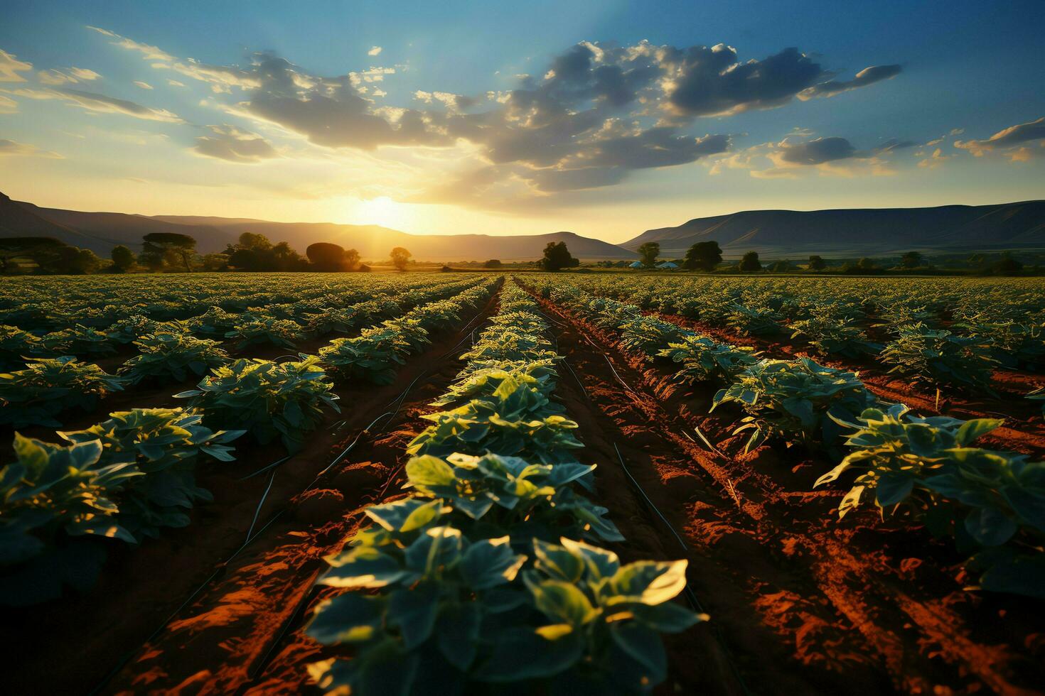 schön Aussicht von ein Tee Feld Plantage, Weinberg Bauernhof oder Erdbeere Garten im das Grün Hügel beim Sonnenaufgang Konzept durch ai generiert foto