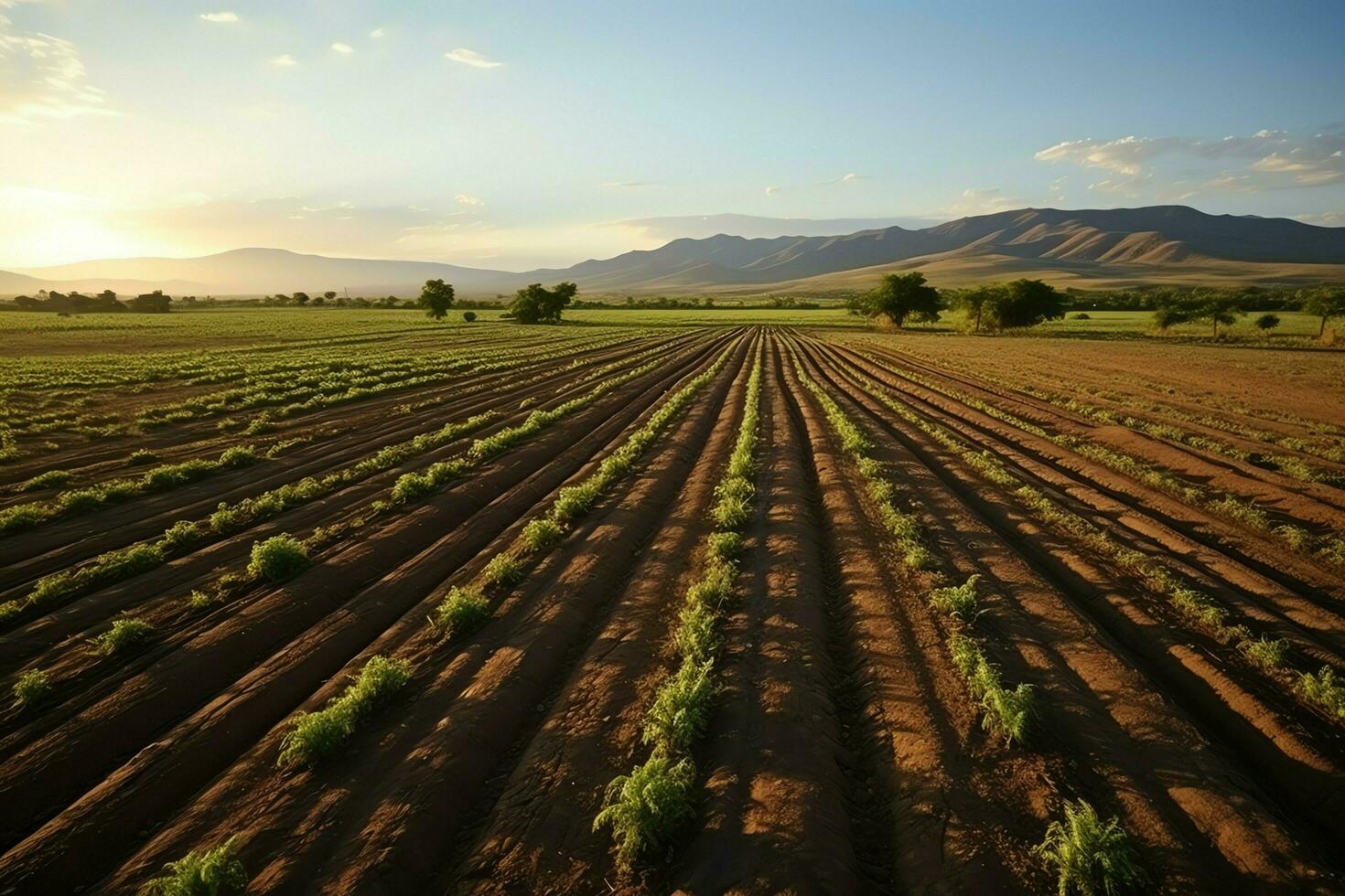 schön Aussicht von ein Tee Feld Plantage, Weinberg Bauernhof oder Erdbeere Garten im das Grün Hügel beim Sonnenaufgang Konzept durch ai generiert foto