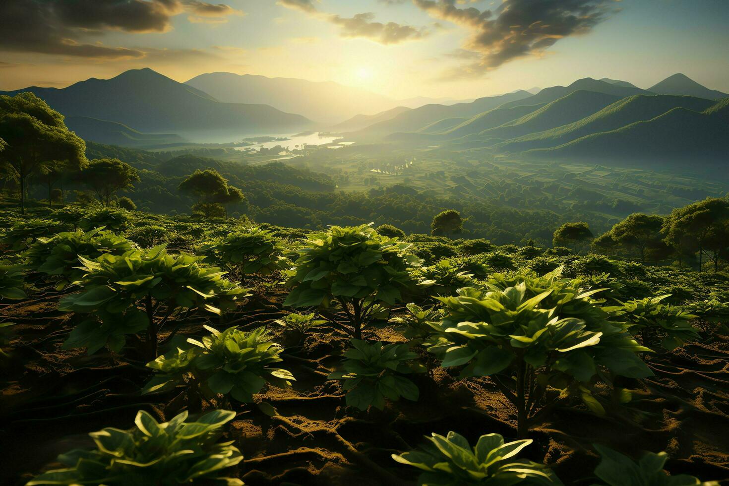 schön Aussicht von ein Tee Feld Plantage, Weinberg Bauernhof oder Erdbeere Garten im das Grün Hügel beim Sonnenaufgang Konzept durch ai generiert foto