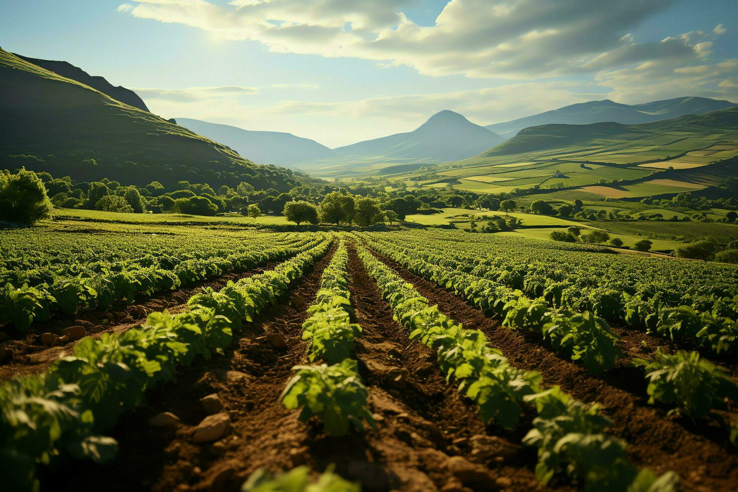 schön Aussicht von ein Tee Feld Plantage, Weinberg Bauernhof oder Erdbeere Garten im das Grün Hügel beim Sonnenaufgang Konzept durch ai generiert foto