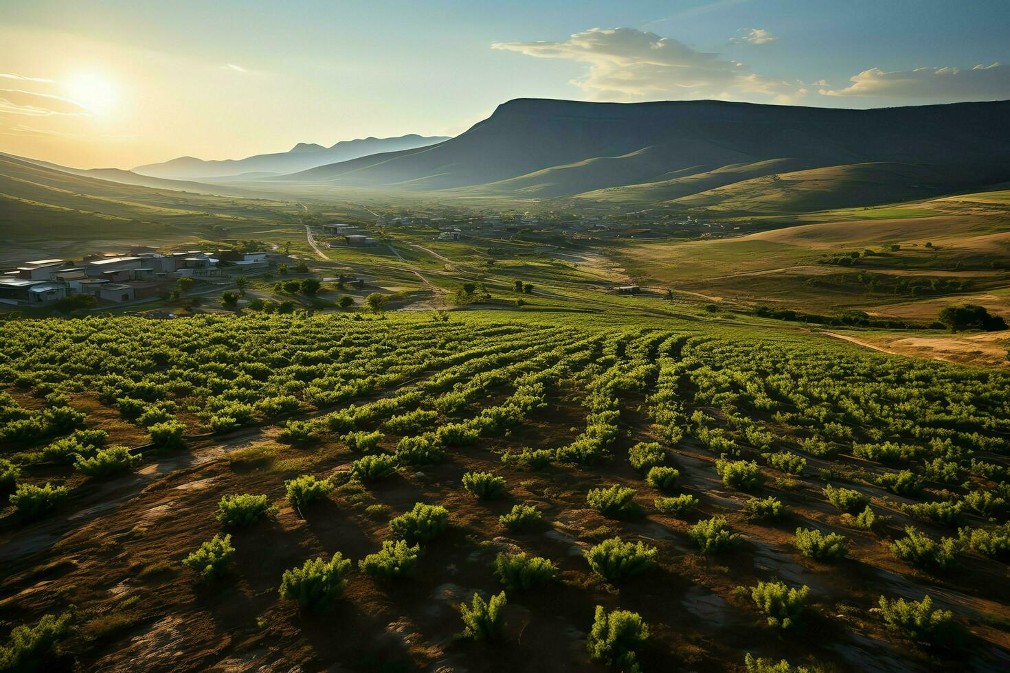 schön Aussicht von ein Tee Feld Plantage, Weinberg Bauernhof oder Erdbeere Garten im das Grün Hügel beim Sonnenaufgang Konzept durch ai generiert foto