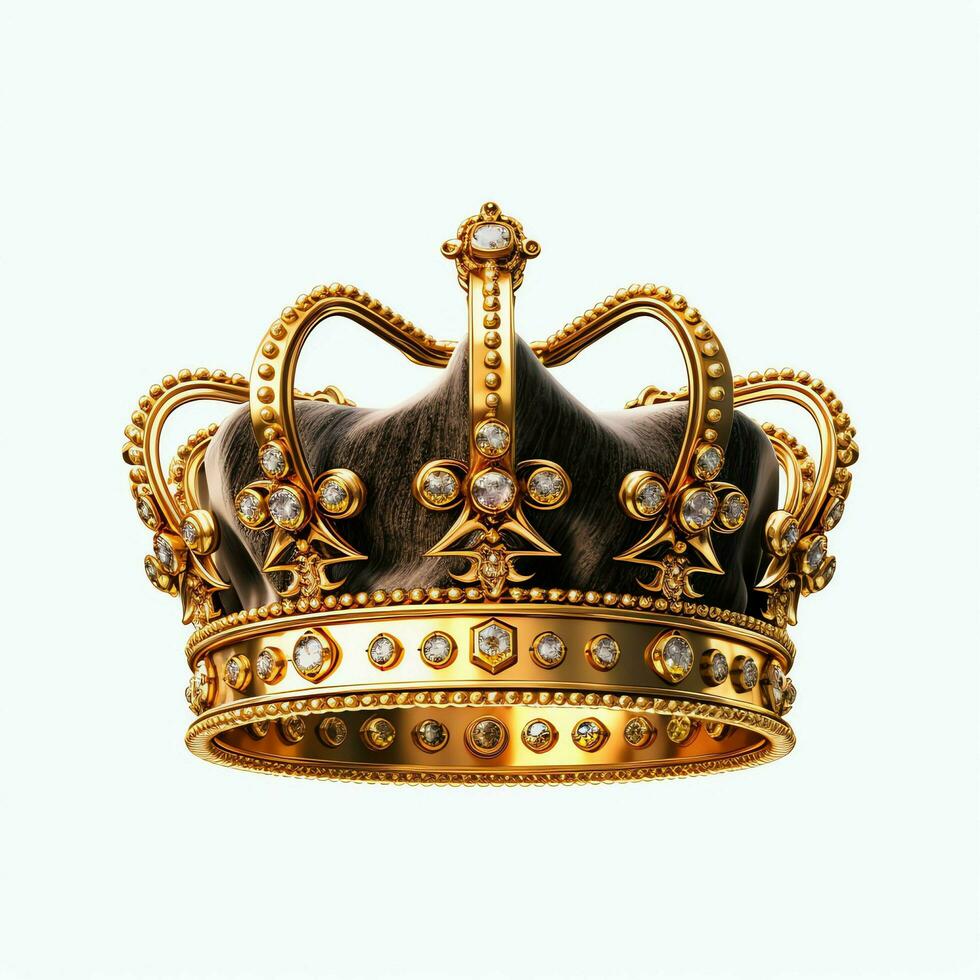 Regal golden Kaiser Krone von ein König auf Weiß Hintergrund. 3d Rendern Luxus königlich König Gold Krone Konzept durch ai generiert foto