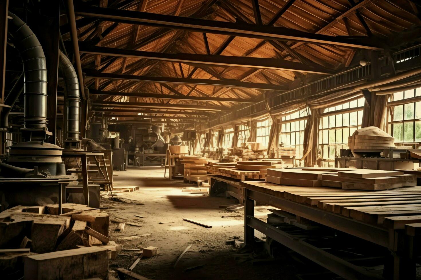 hölzern Planke oder Tafel im das Holz Mühle Industrie. Stapel von Protokolle und Holz im das Sägewerk Produktion Konzept durch ai generiert foto