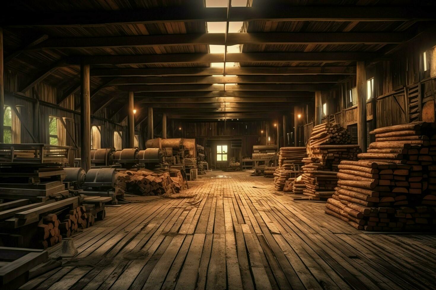 hölzern Planke oder Tafel im das Holz Mühle Industrie. Stapel von Protokolle und Holz im das Sägewerk Produktion Konzept durch ai generiert foto