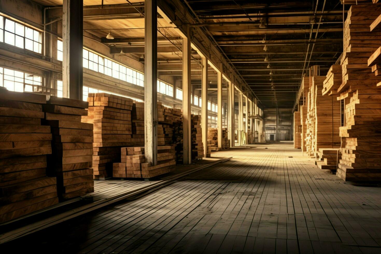 hölzern Planke oder Tafel im das Holz Mühle Industrie. Stapel von Protokolle und Holz im das Sägewerk Produktion Konzept durch ai generiert foto