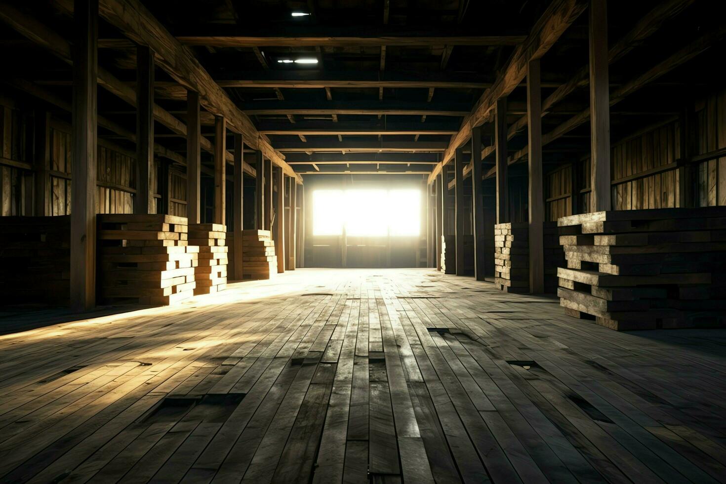 hölzern Planke oder Tafel im das Holz Mühle Industrie. Stapel von Protokolle und Holz im das Sägewerk Produktion Konzept durch ai generiert foto