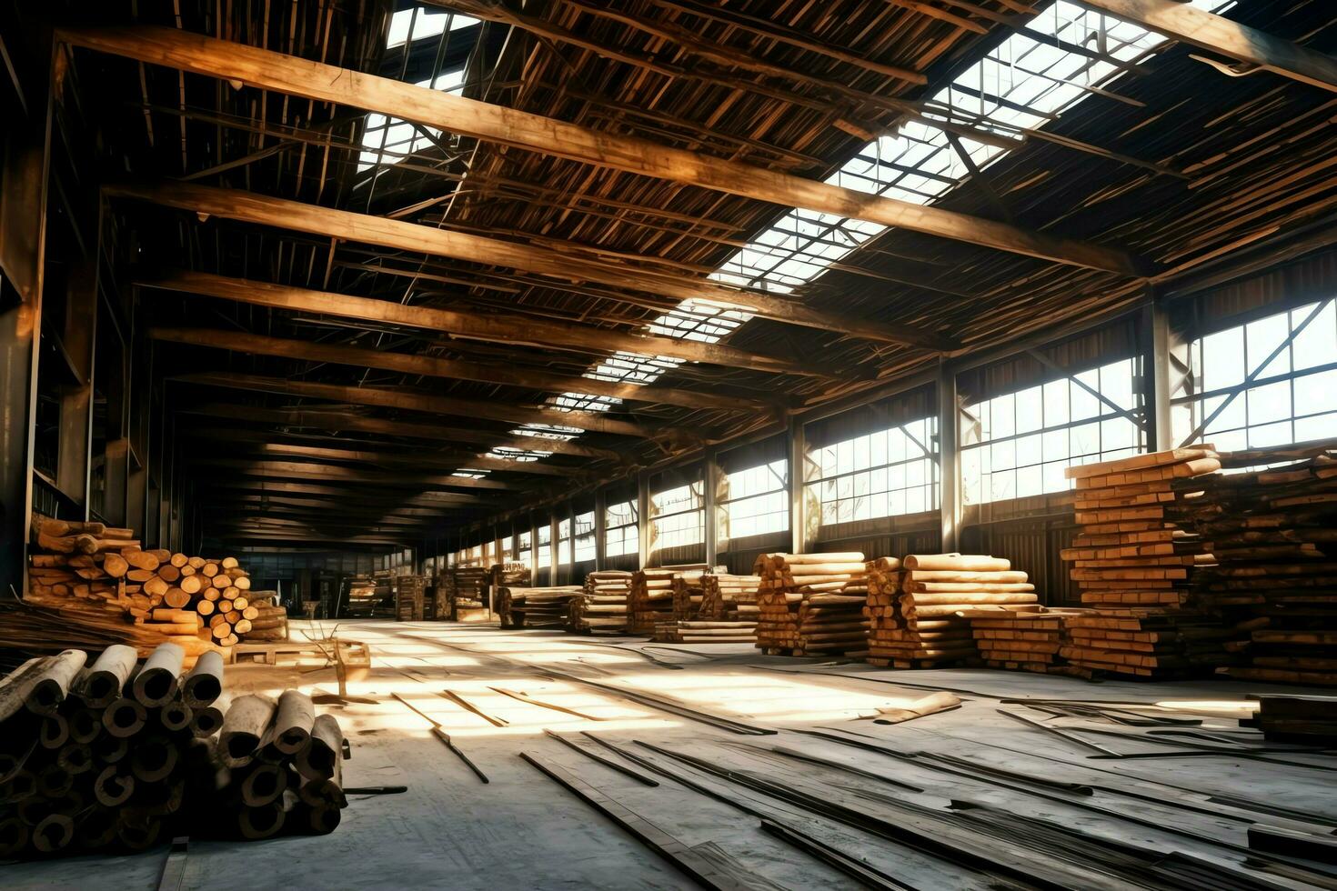 hölzern Planke oder Tafel im das Holz Mühle Industrie. Stapel von Protokolle und Holz im das Sägewerk Produktion Konzept durch ai generiert foto