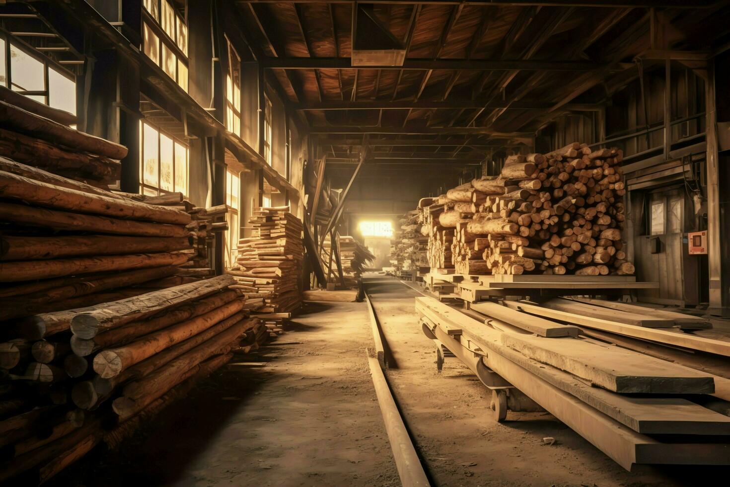 hölzern Planke oder Tafel im das Holz Mühle Industrie. Stapel von Protokolle und Holz im das Sägewerk Produktion Konzept durch ai generiert foto