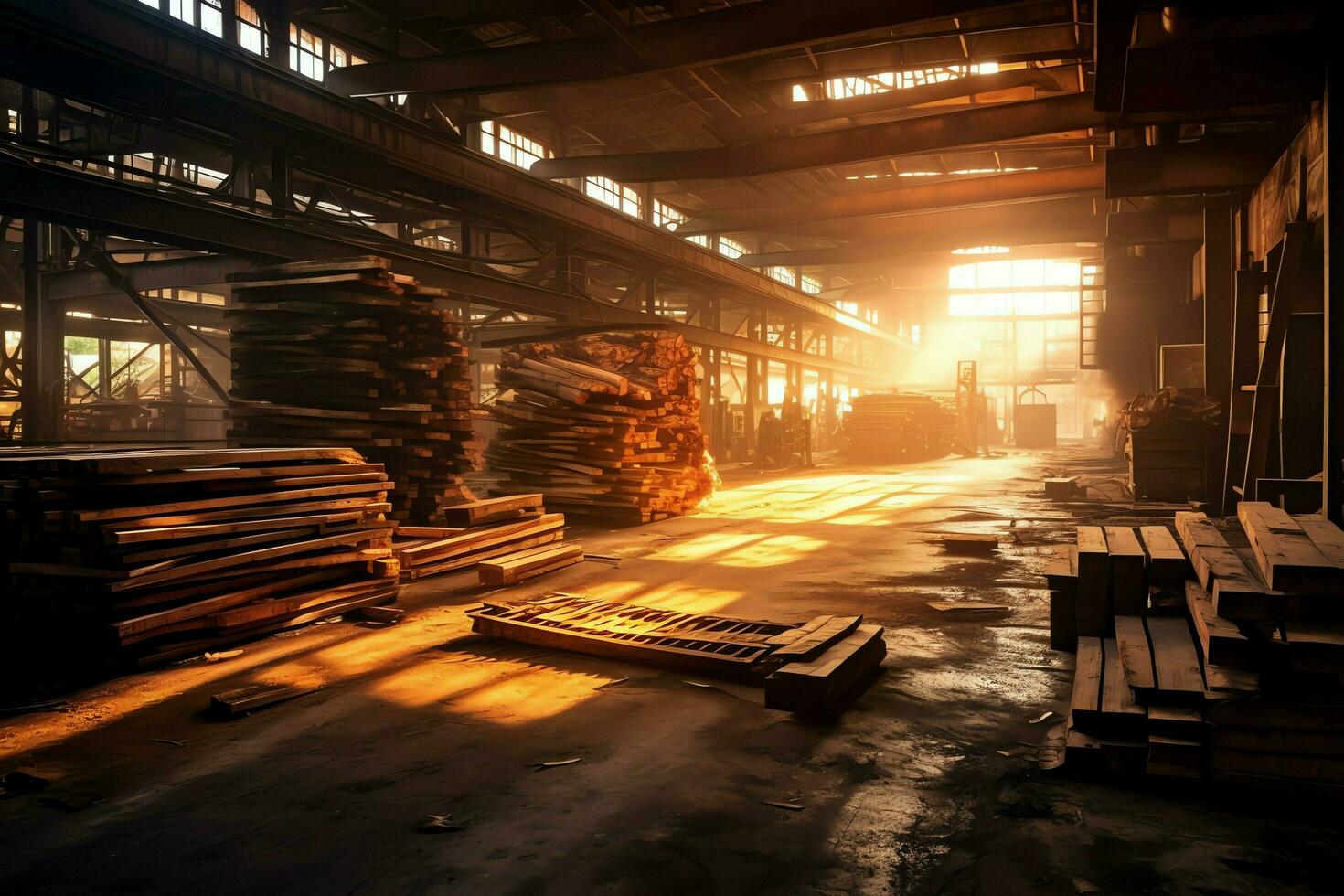 hölzern Planke oder Tafel im das Holz Mühle Industrie. Stapel von Protokolle und Holz im das Sägewerk Produktion Konzept durch ai generiert foto