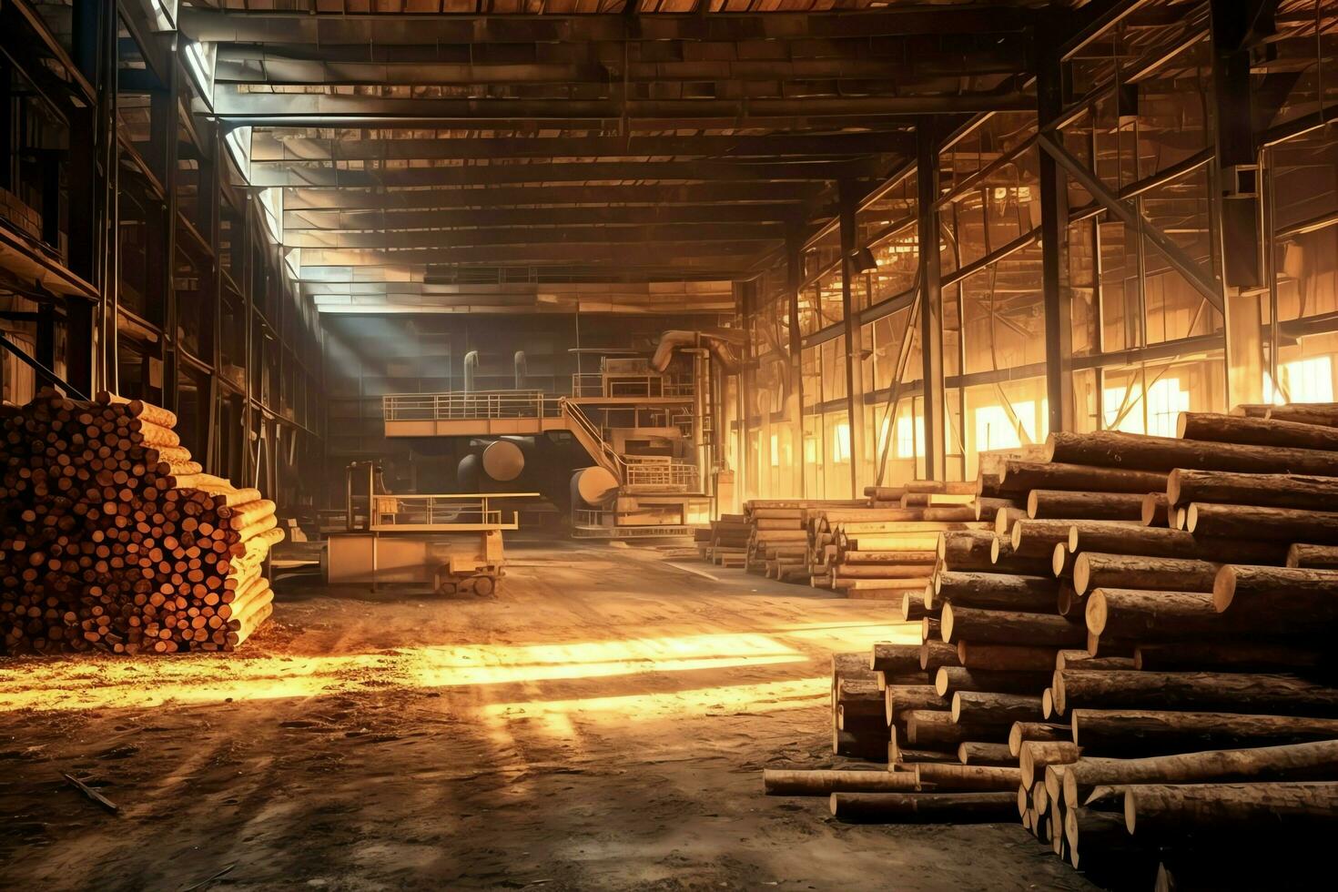 hölzern Planke oder Tafel im das Holz Mühle Industrie. Stapel von Protokolle und Holz im das Sägewerk Produktion Konzept durch ai generiert foto